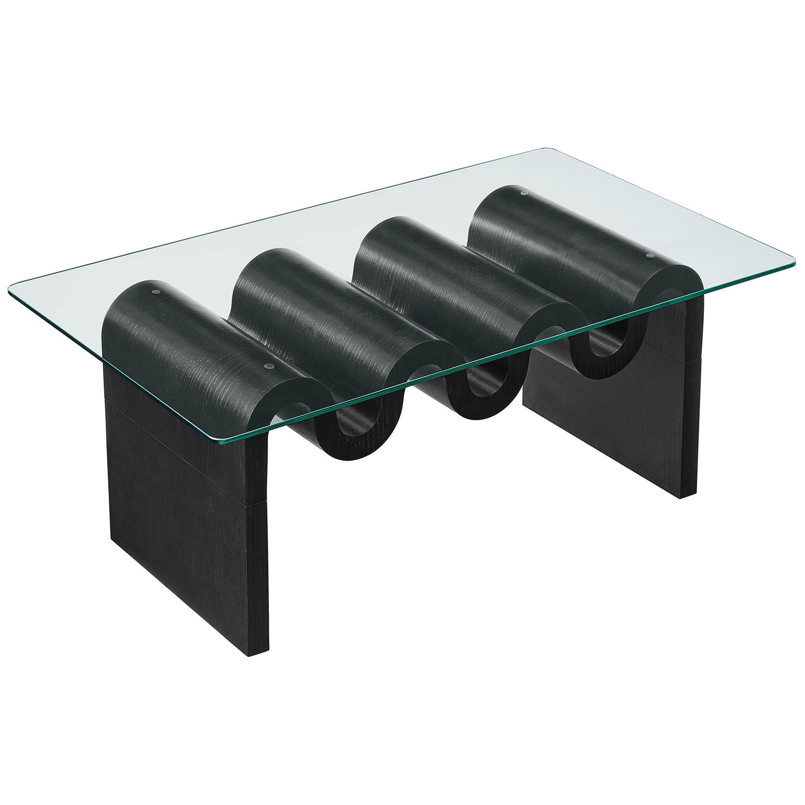 Tempered glass top with smooth corners reveals the dramatic undulating base beneath. || EEI-6900-BLK || front_angle_studio