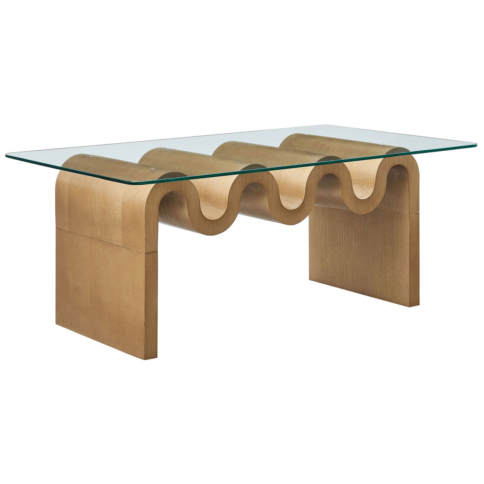 Sculptural wave-base coffee table with clear tempered glass top in natural wood finish || EEI-6900-NAT || front_angle_studio