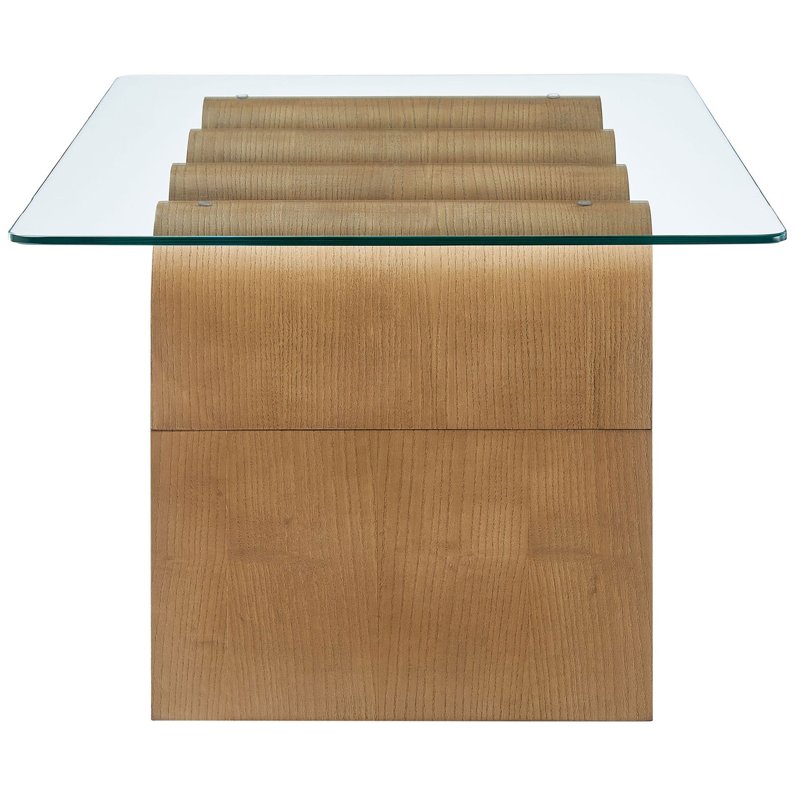 Thick glass top rests above a bold wavy wood base || EEI-6900-NAT || side_studio