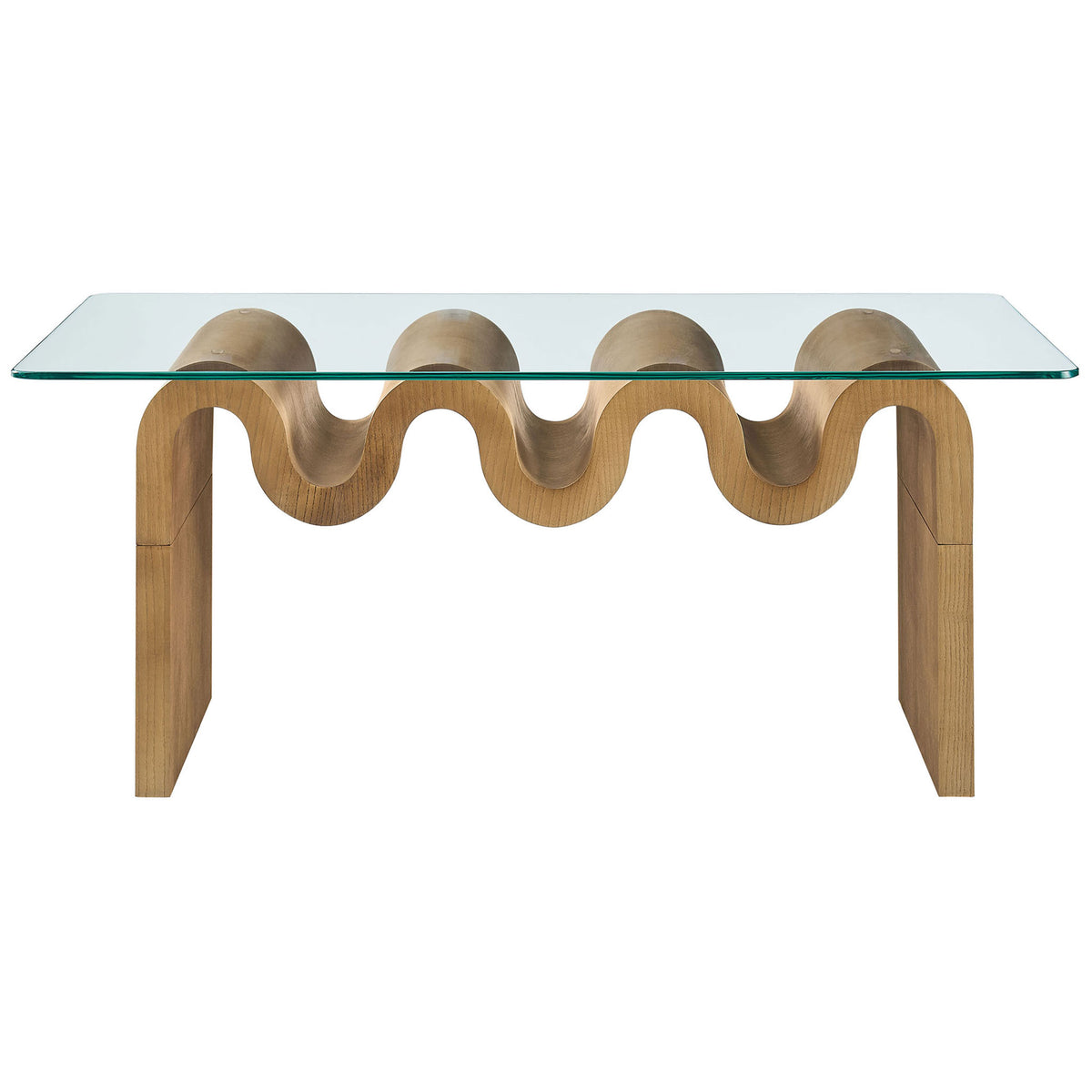 Glass-top coffee table with undulating natural wood base and rounded corners || EEI-6900-NAT || front_studio