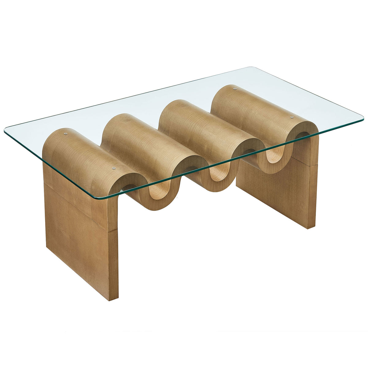 Rectangular tempered glass surface reveals the sculptural wave pattern beneath || EEI-6900-NAT || front_angle_studio