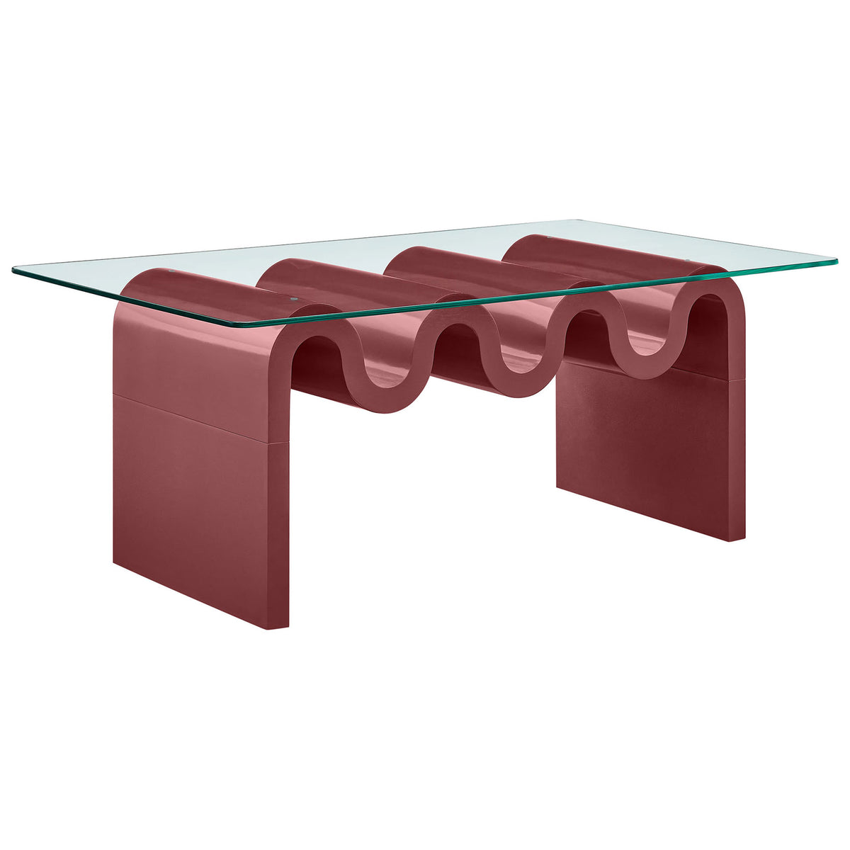 Wavy sculptural base supports a sleek rectangular glass top in a rich spiced apple finish || EEI-6900-SPA || front_angle_studio
