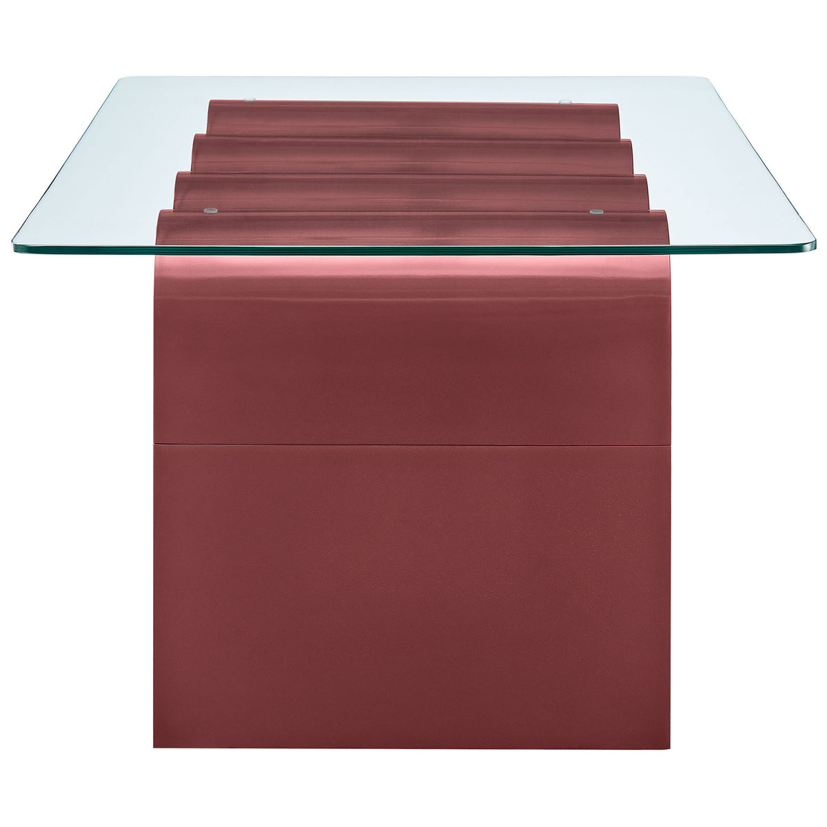 Undulating base arches beneath the clear glass tabletop create a striking rhythmic look || EEI-6900-SPA || side_studio