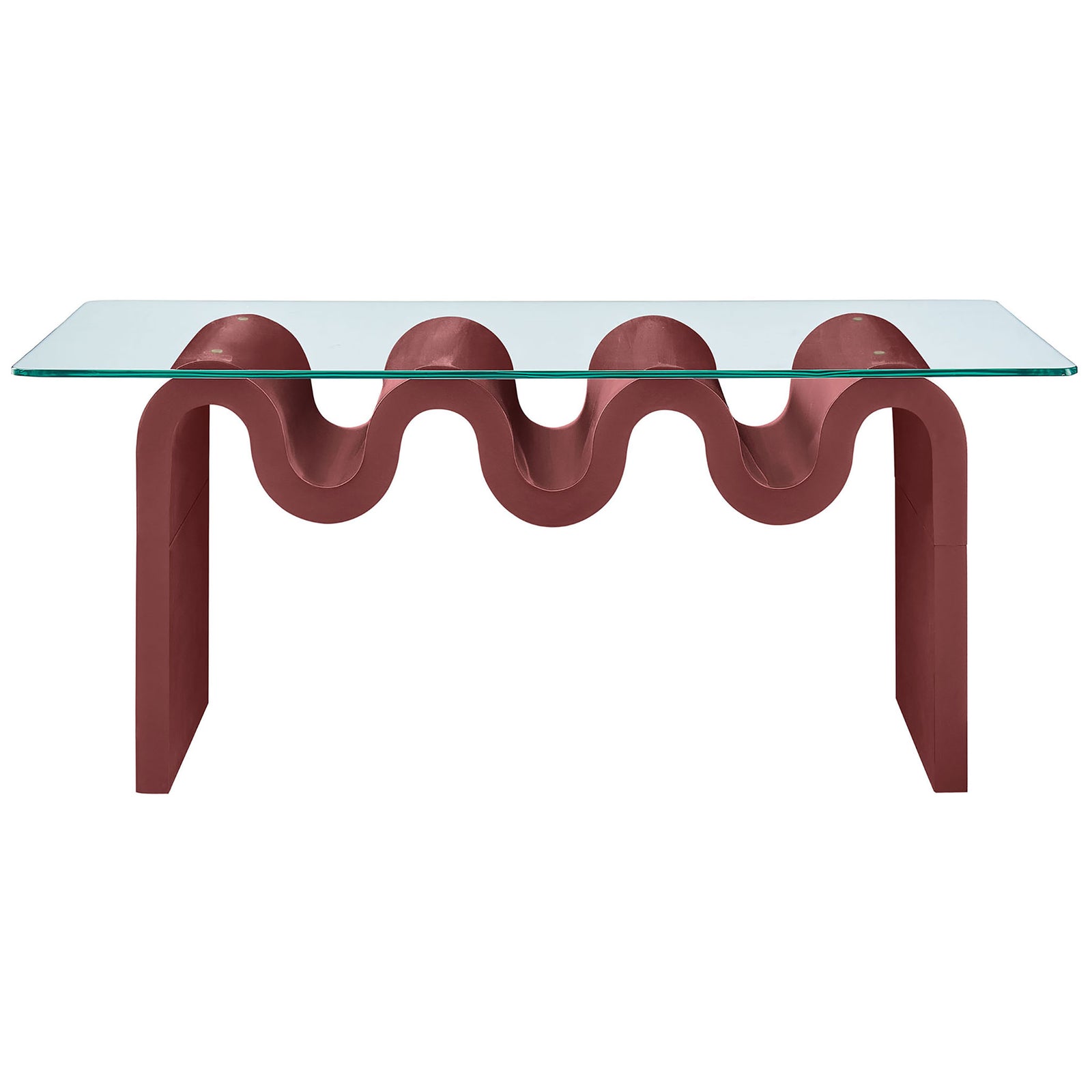 Curved wave base in spiced apple capped by a clear glass top for a bold, sculptural coffee table || EEI-6900-SPA || front_studio