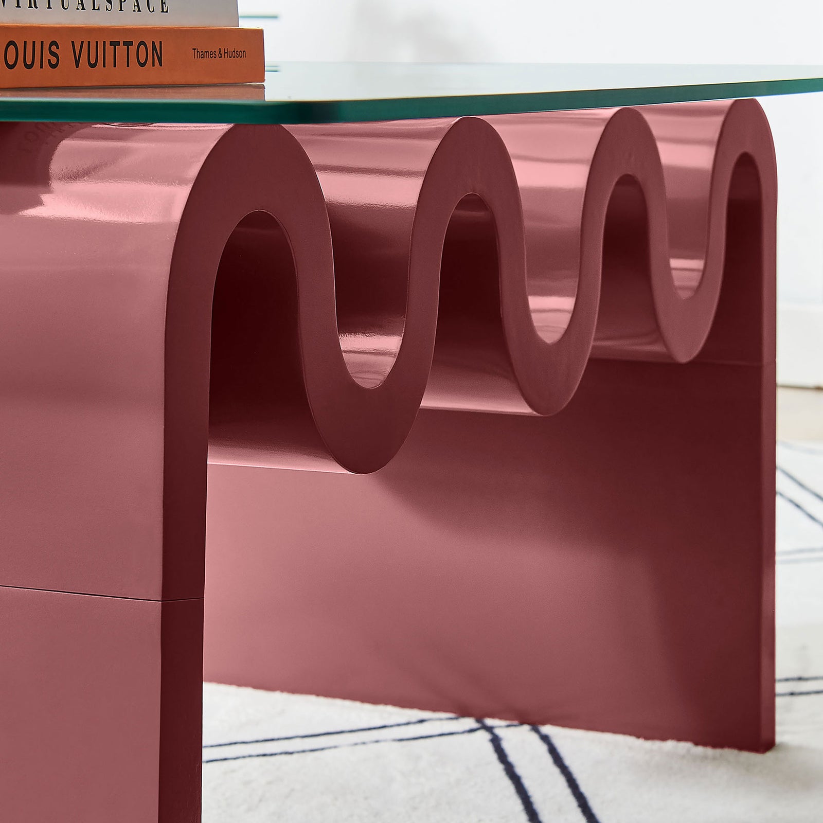 Rich spiced apple wave base adds playful curves beneath the glass top || EEI-6900-SPA || detail_room