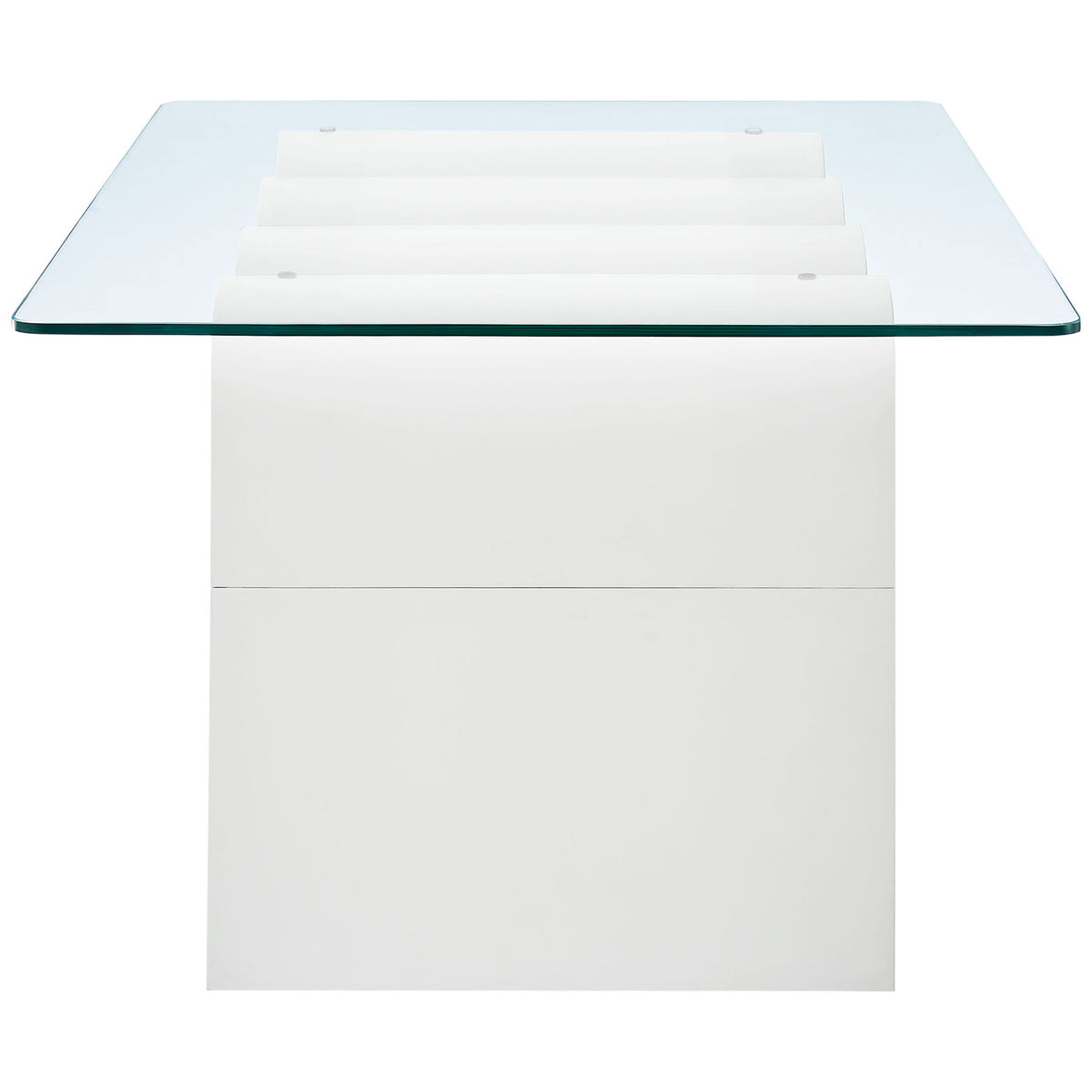 Streamlined end panels and undulating center support showcase the table's artful silhouette under clear glass. || EEI-6900-WHI || side_studio