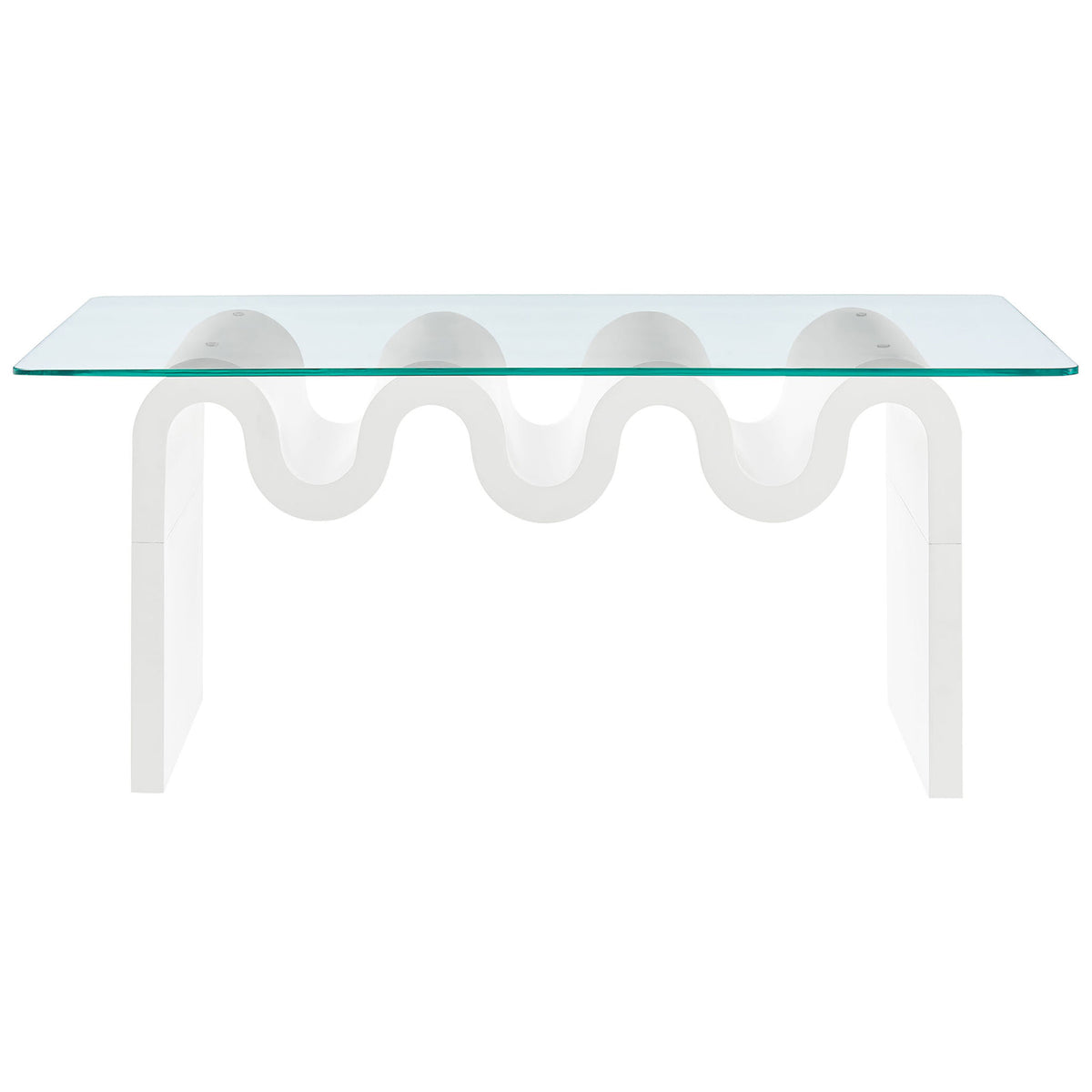 Sculptural wave base in bright white topped with a clear tempered glass surface for a striking modern centerpiece. || EEI-6900-WHI || front_studio