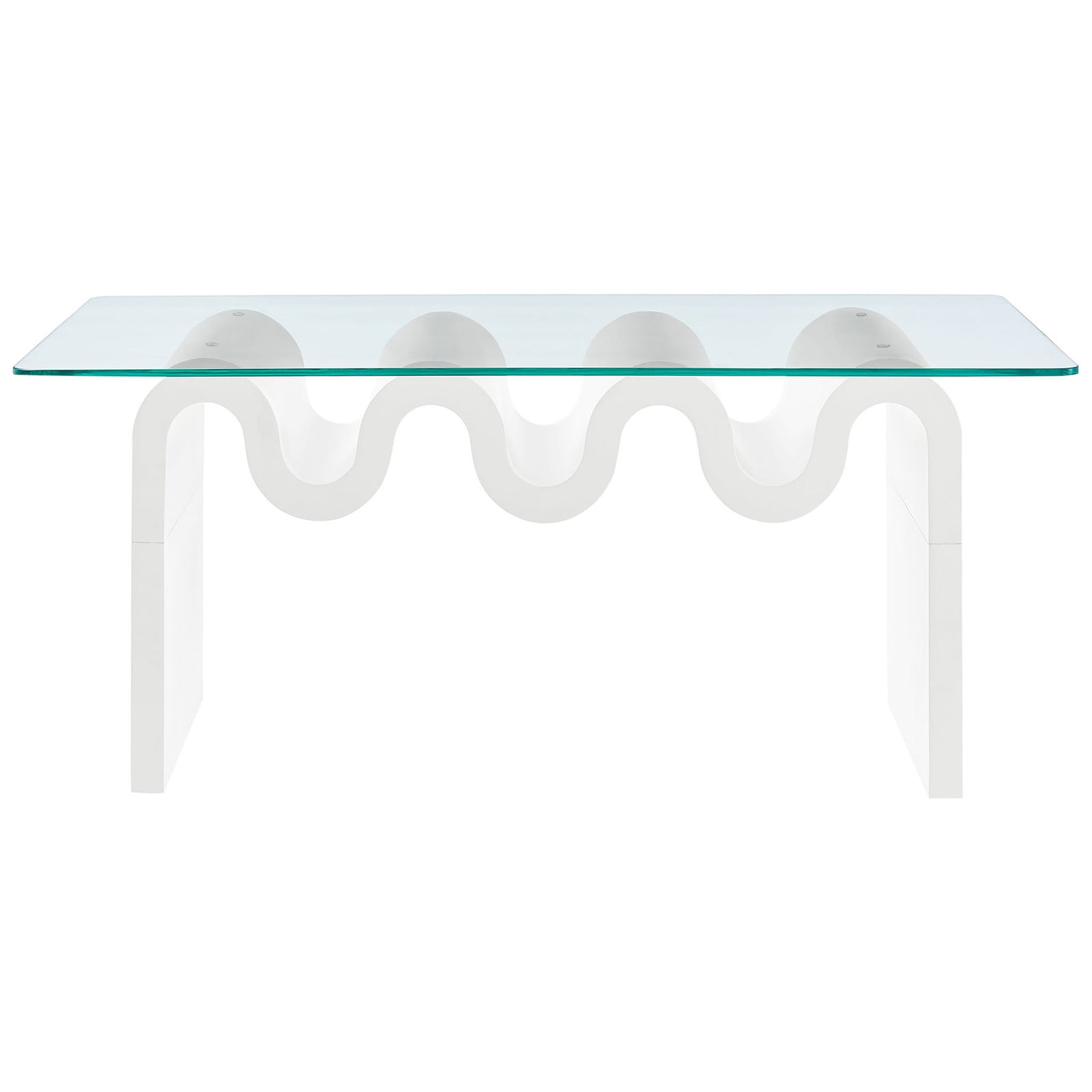 Sculptural wave base in bright white topped with a clear tempered glass surface for a striking modern centerpiece. || EEI-6900-WHI || front_studio