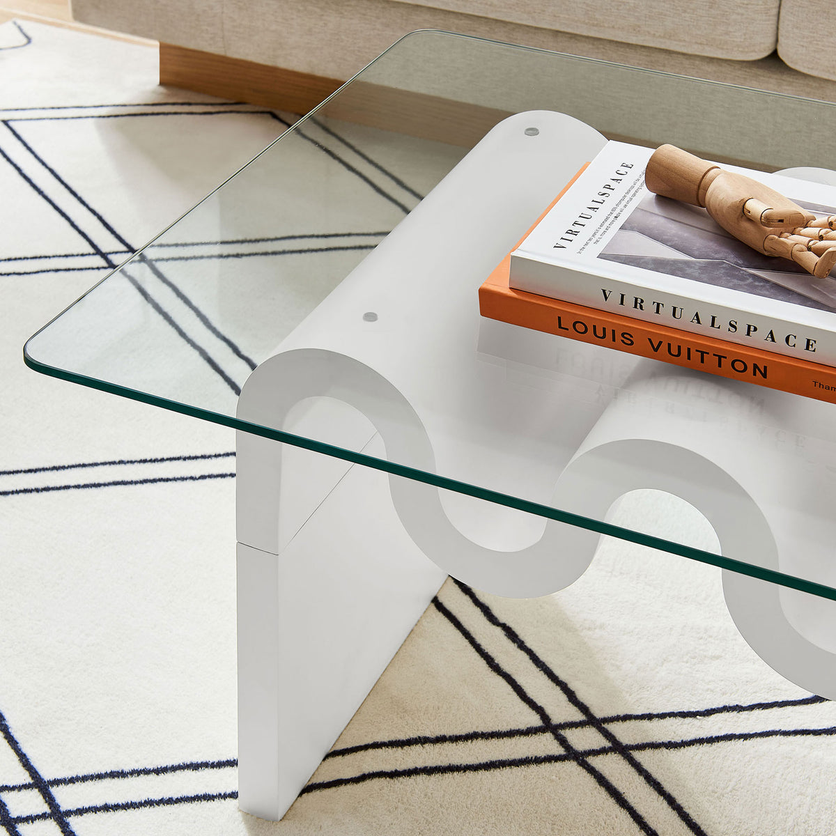 Rounded glass corners and smooth edges complement the sculptural base for a polished, inviting look. || EEI-6900-WHI || detail_room