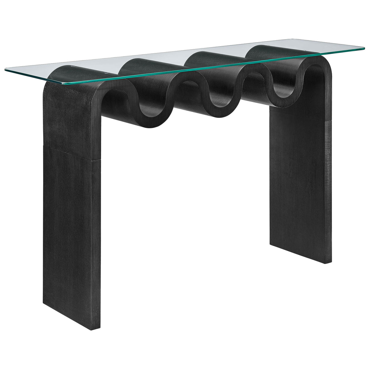 Curved wave base showcases striking silhouette beneath a spacious clear glass surface. || EEI-6901-BLK || front_angle_studio