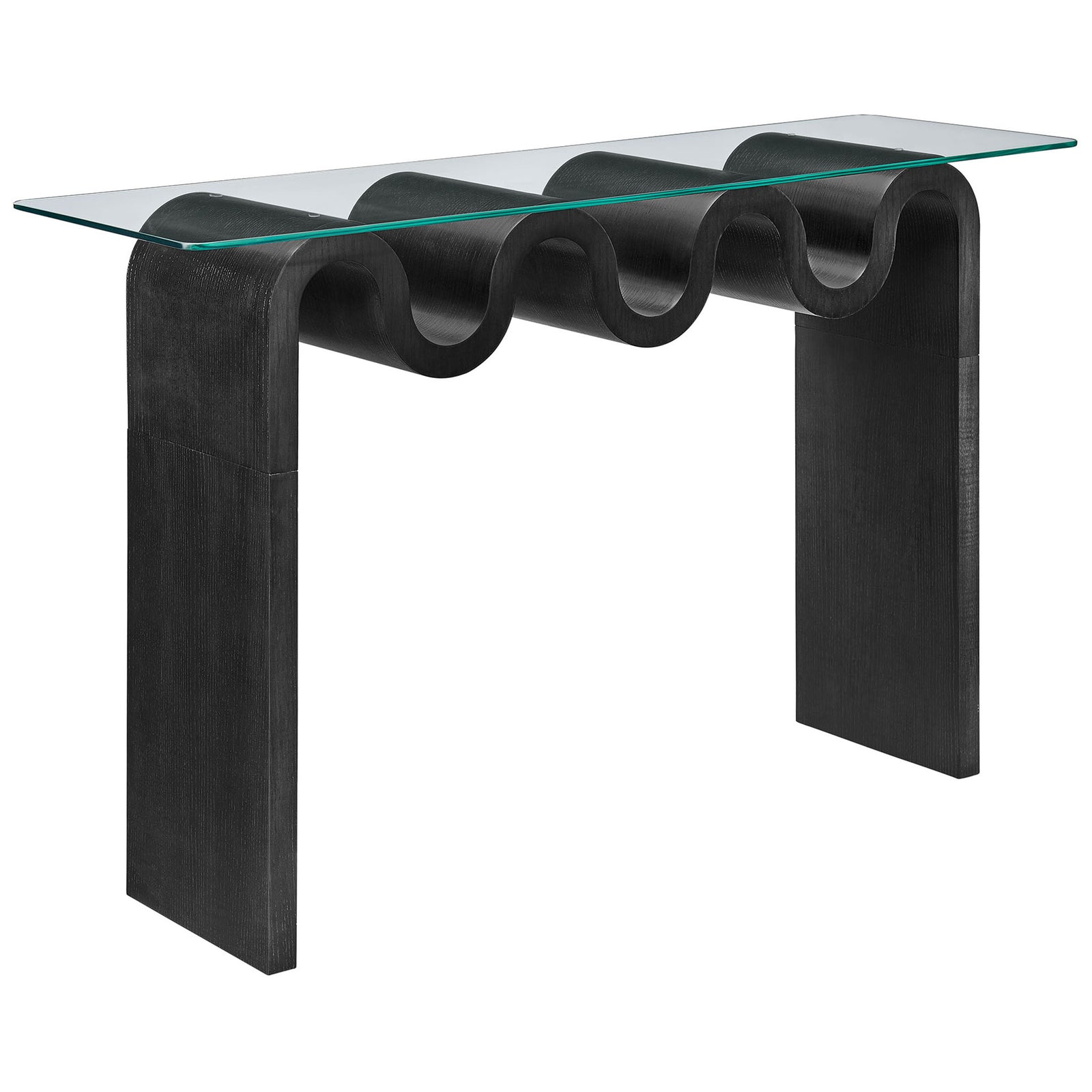 Curved wave base showcases striking silhouette beneath a spacious clear glass surface. || EEI-6901-BLK || front_angle_studio