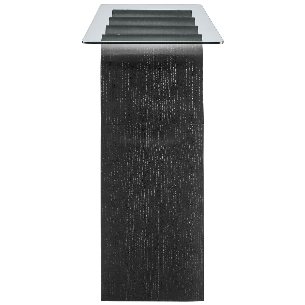 Slim profile highlights the console's narrow depth and polished glass edge. || EEI-6901-BLK || side_studio