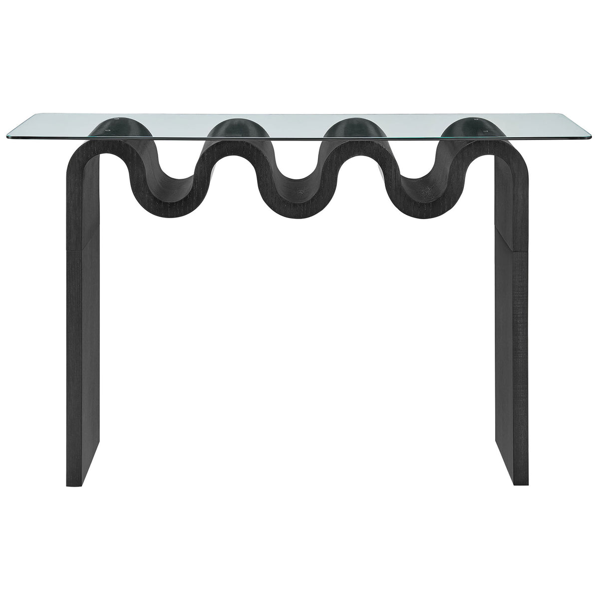 Sleek black console with wavy sculpted base and clear tempered glass top. || EEI-6901-BLK || front_studio