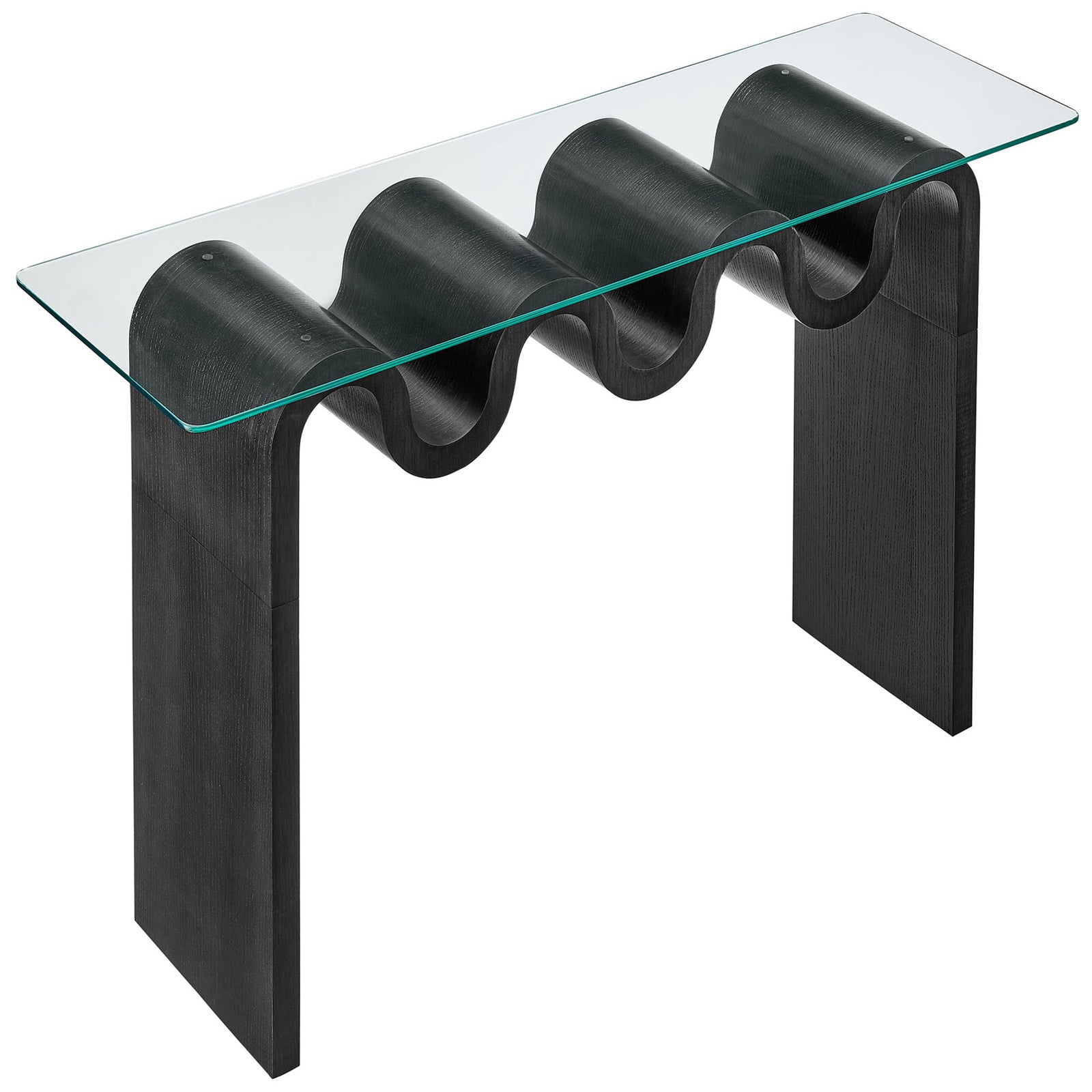 Glass top reveals the rhythmic wave pattern of the black wood grain base. || EEI-6901-BLK || front_angle_studio