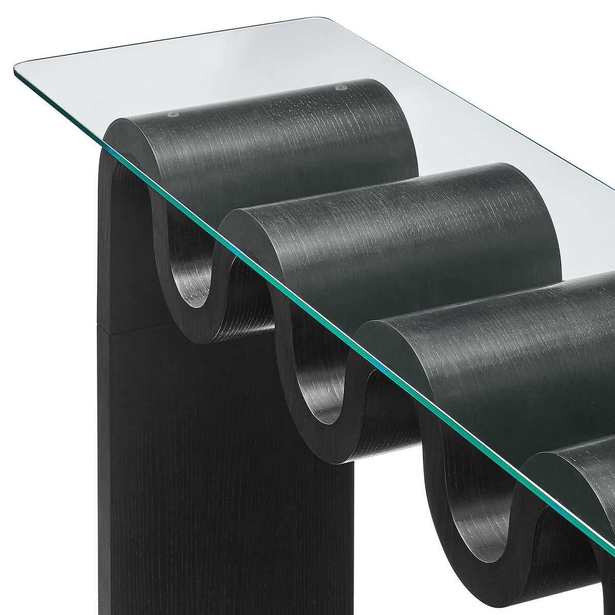 Tempered glass top framed by textured ash veneer waves for a bold modern look. || EEI-6901-BLK || detail_studio