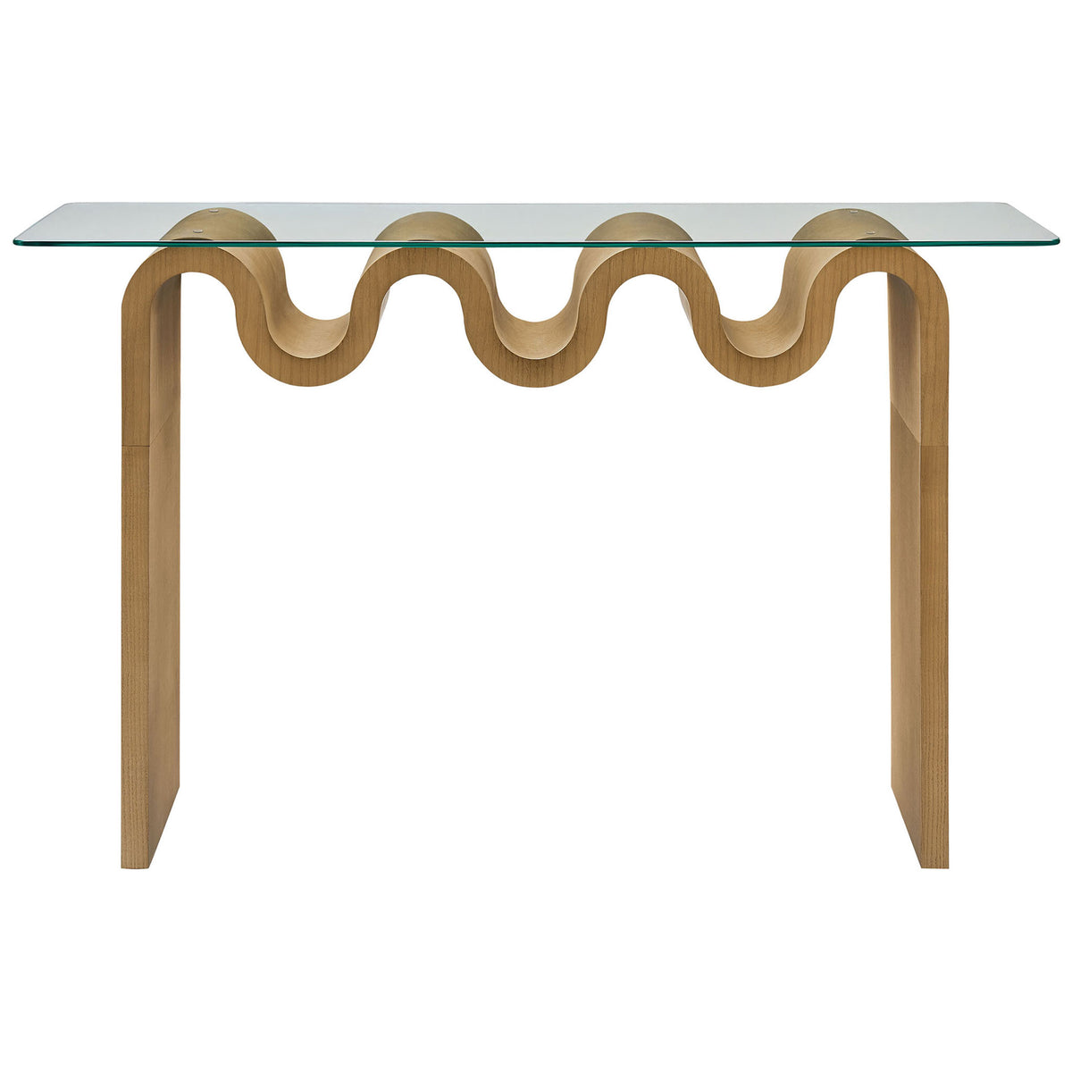 Sculptural wave-base console with clear tempered glass top and natural wood grain finish. || EEI-6901-NAT || front_studio