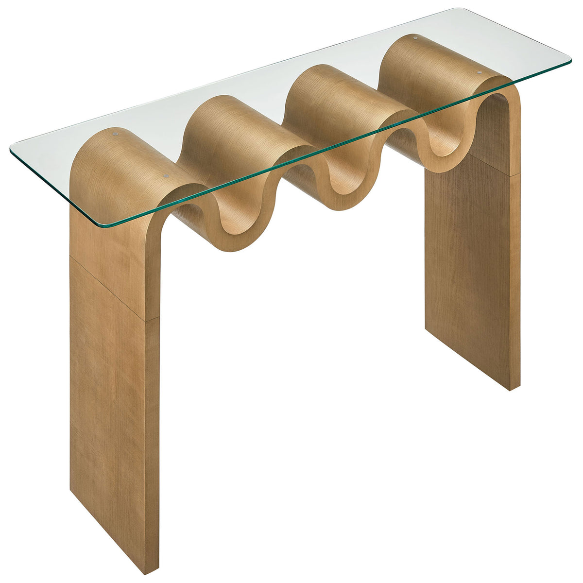 Glass top keeps the sinuous base visible while rounded edges add a soft finish. || EEI-6901-NAT || front_angle_studio