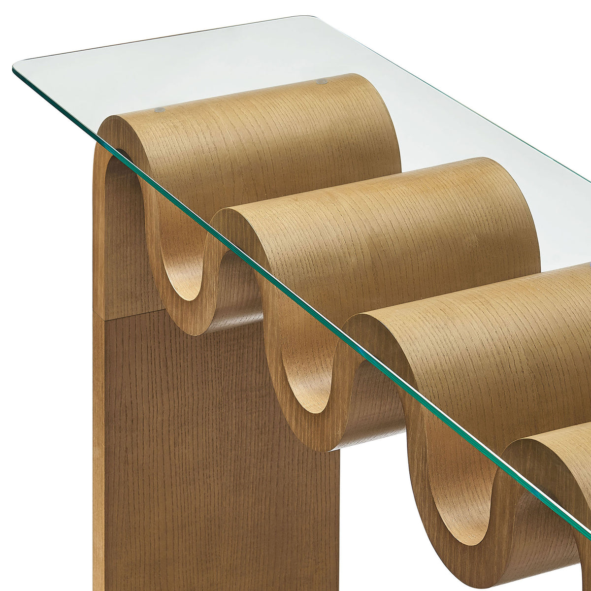 Ash veneer wave detailing beneath the clear tempered glass. || EEI-6901-NAT || detail_studio