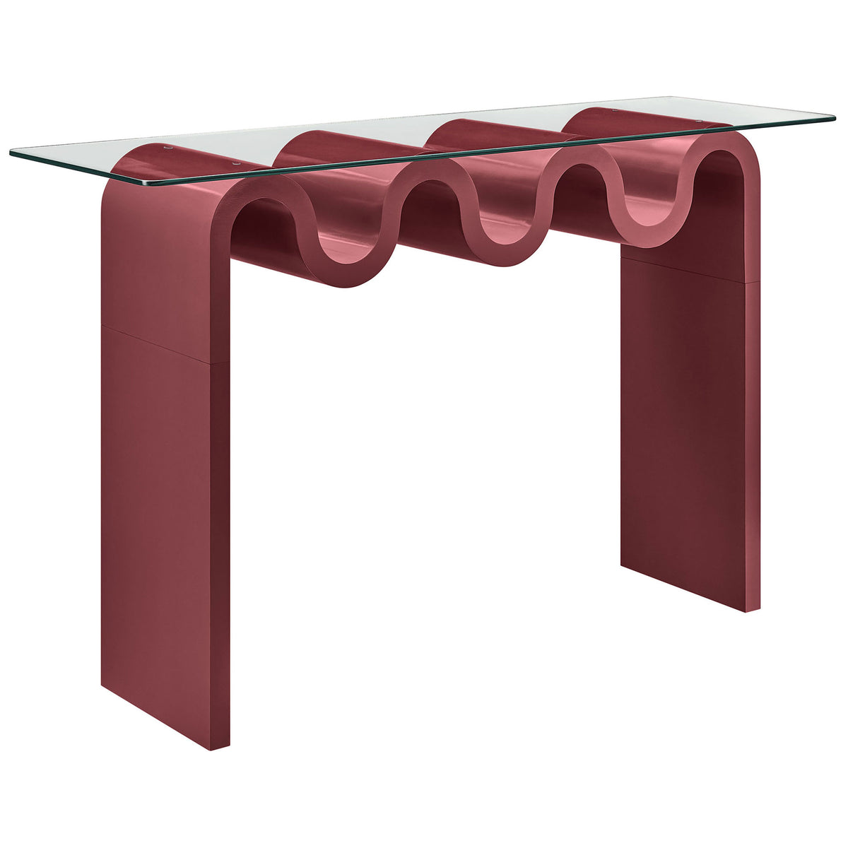 Sculptural squiggle base finished in spiced apple supports a sleek clear glass console surface || EEI-6901-SPA || front_angle_studio