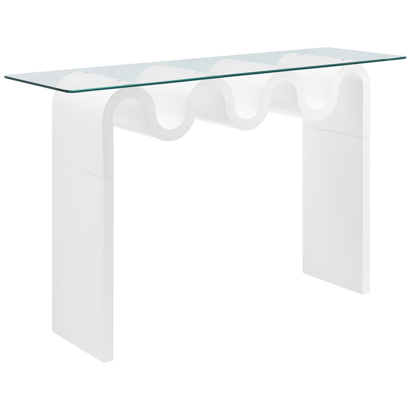 Sculptural white console with wave base and clear tempered glass top brings playful retro flair. || EEI-6901-WHI || front_angle_studio
