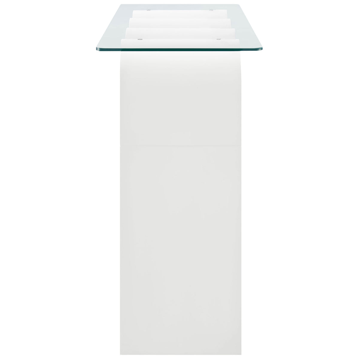 Slim profile highlights the gentle curves of the base beneath the sleek glass tabletop. || EEI-6901-WHI || side_studio