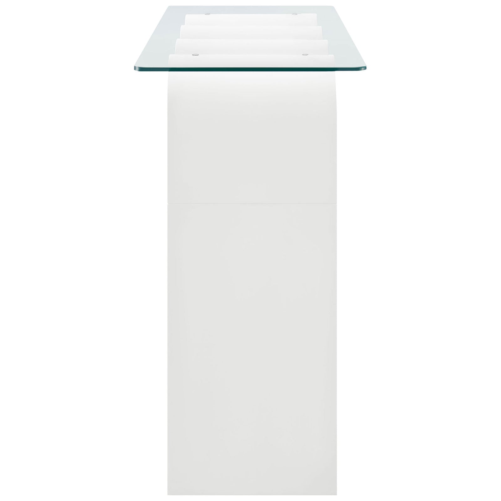 Slim profile highlights the gentle curves of the base beneath the sleek glass tabletop. || EEI-6901-WHI || side_studio