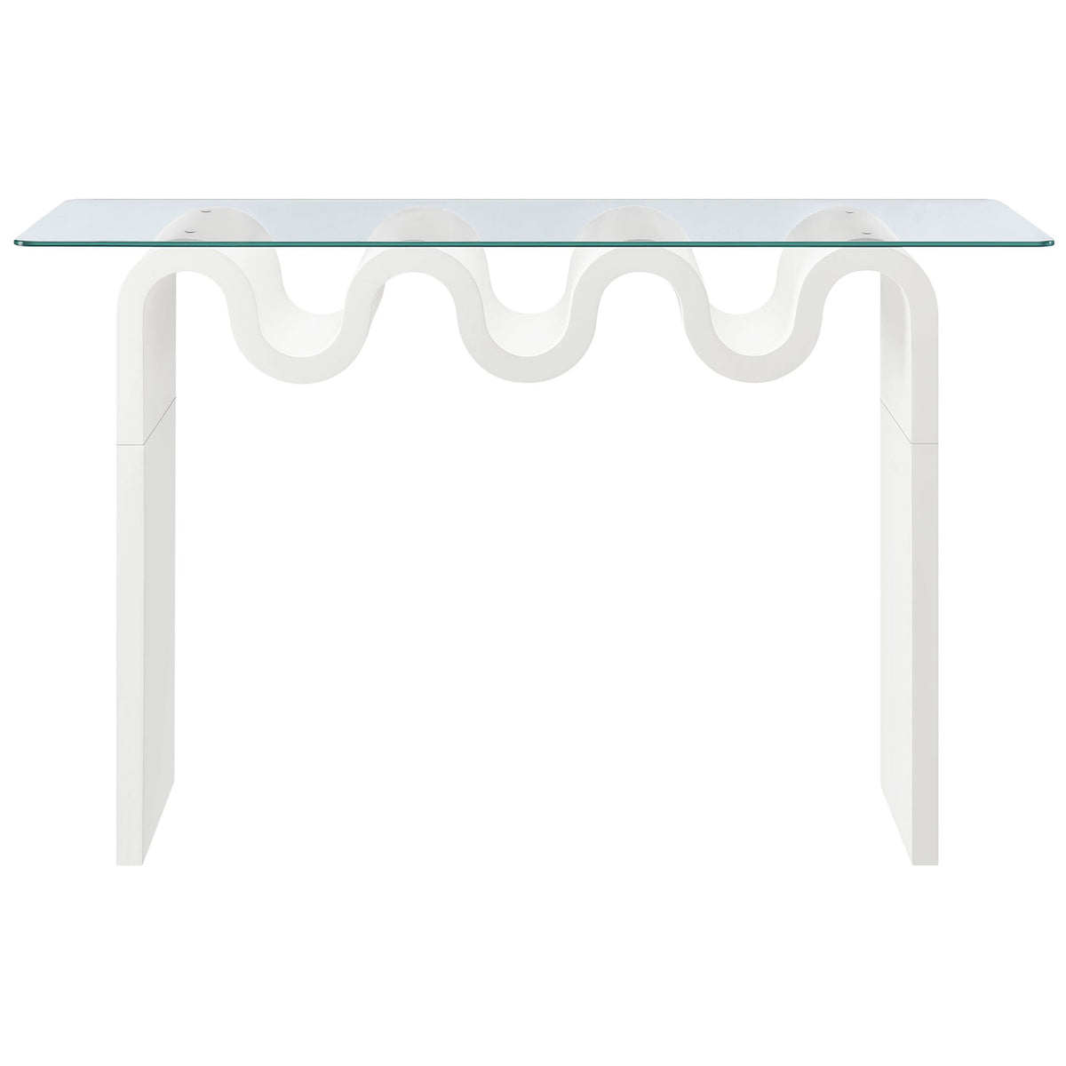 Wavy pedestal base stands out beneath a spacious 50 inch clear glass console surface. || EEI-6901-WHI || front_studio
