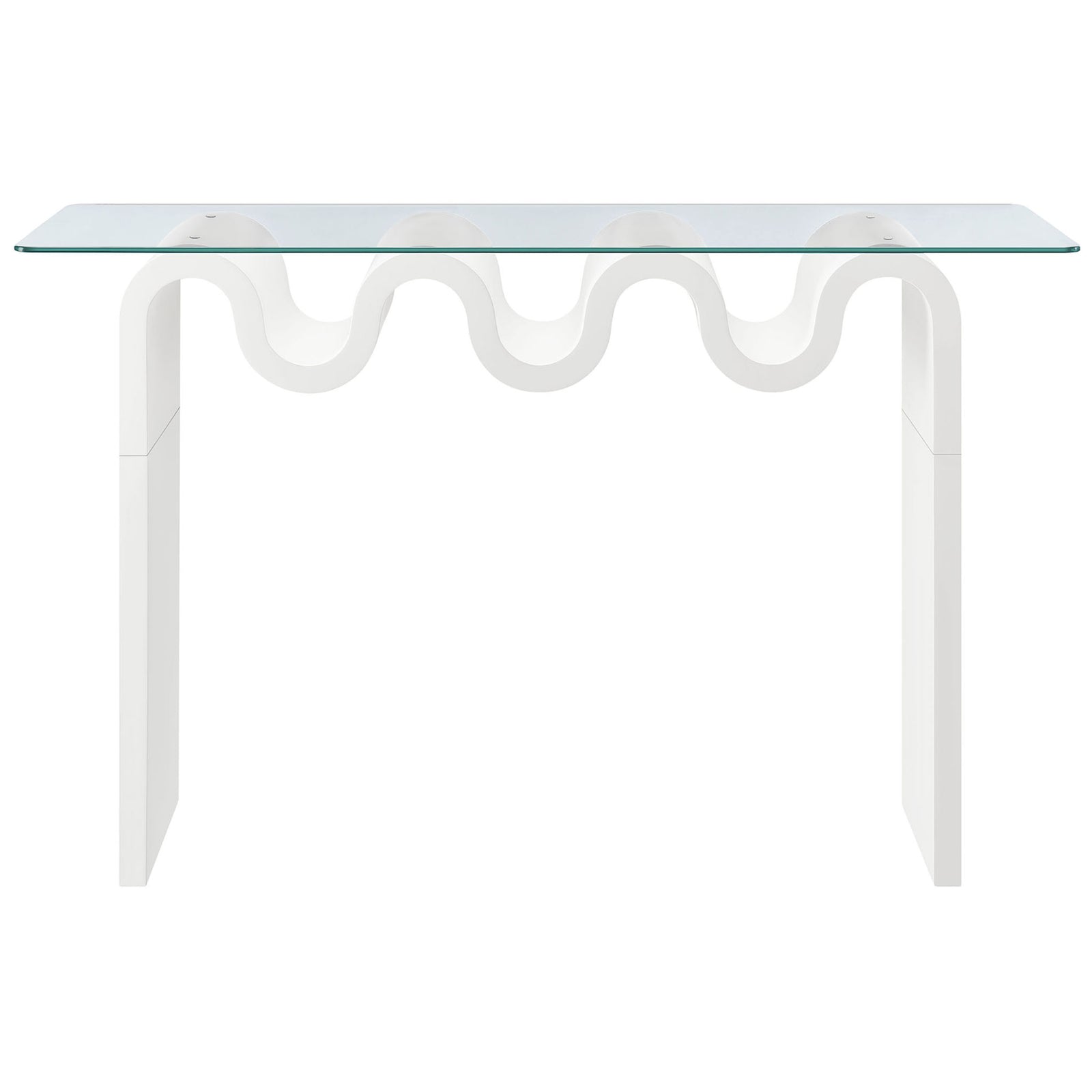 Wavy pedestal base stands out beneath a spacious 50 inch clear glass console surface. || EEI-6901-WHI || front_studio