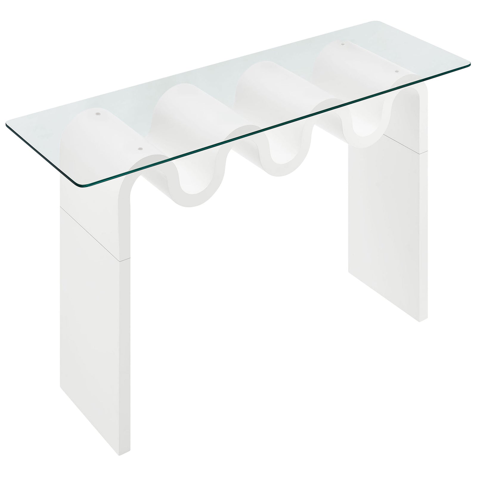 Curved base flows in rhythmic waves under a crisp, floating glass top. || EEI-6901-WHI || front_angle_studio