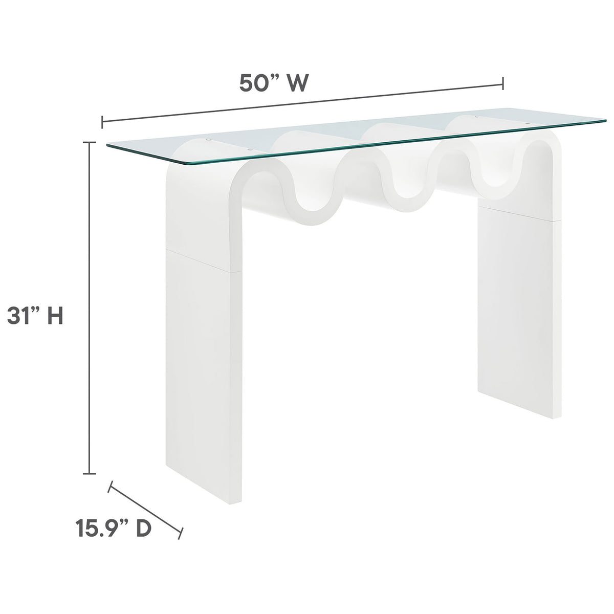 Sized for narrow spaces at 50 W x 15.9 D x 31 H with a sturdy glass top and sculptural base. || EEI-6901-WHI || dimension_studio