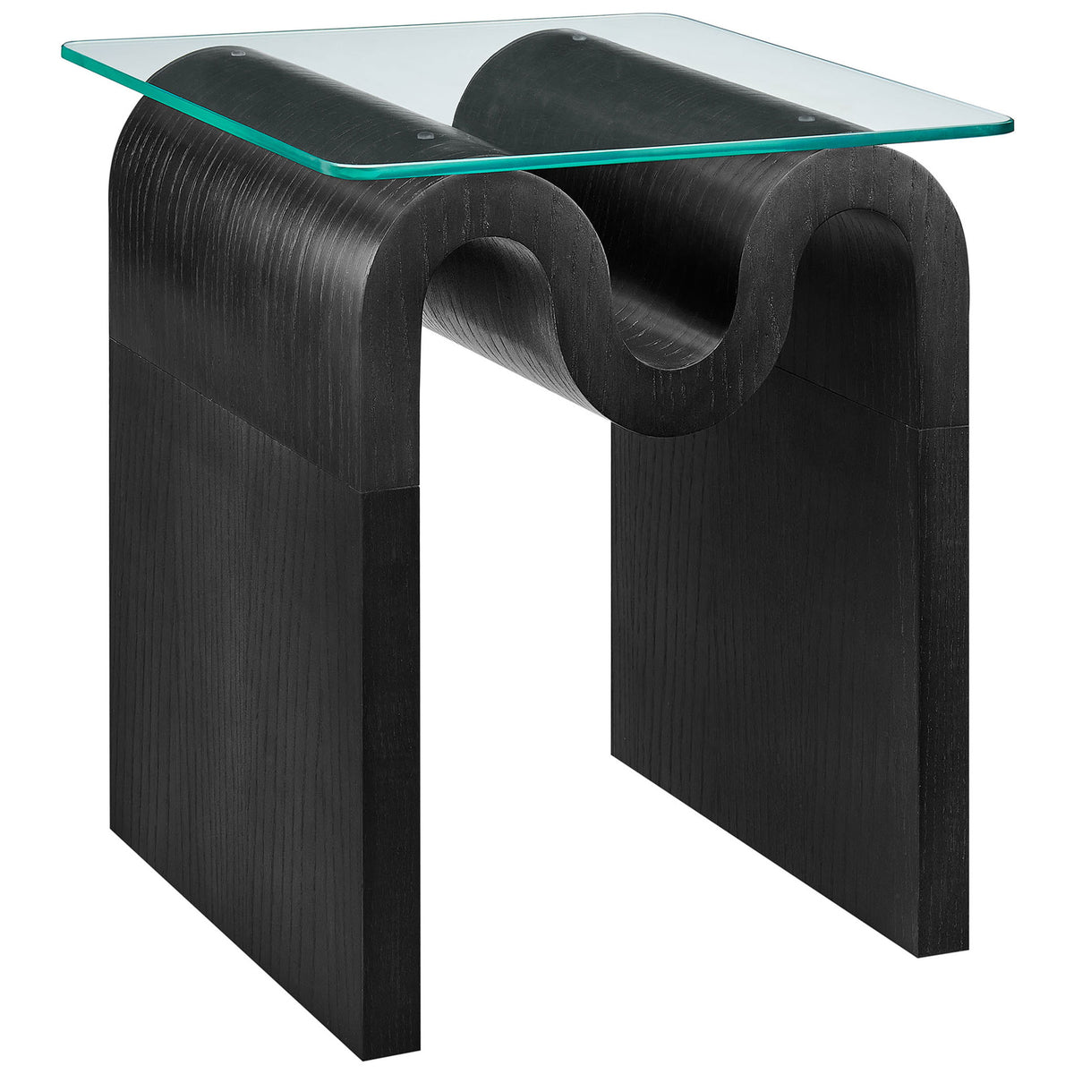 Modern black accent table featuring bold curved ash veneer base beneath a floating glass square top || EEI-6902-BLK || front_angle_studio