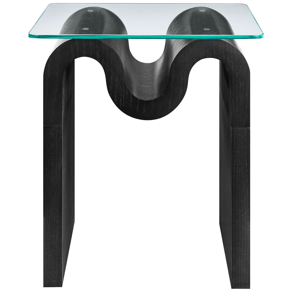 Ondine side table with sculptural black wave base and clear tempered glass top || EEI-6902-BLK || front_studio