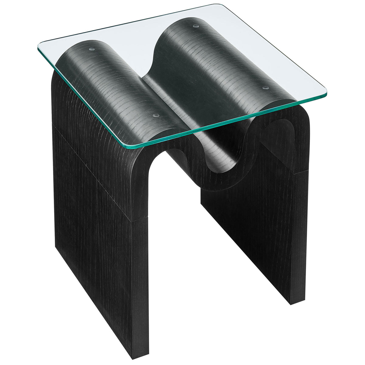 Glass top side table showcasing thick tempered glass and the dynamic wavy base visible underneath || EEI-6902-BLK || top_angle_studio