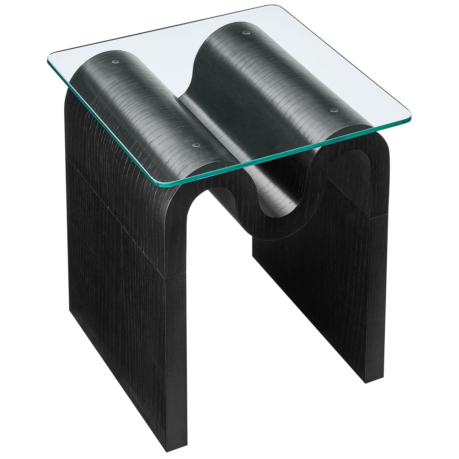 Glass top side table showcasing thick tempered glass and the dynamic wavy base visible underneath || EEI-6902-BLK || top_angle_studio