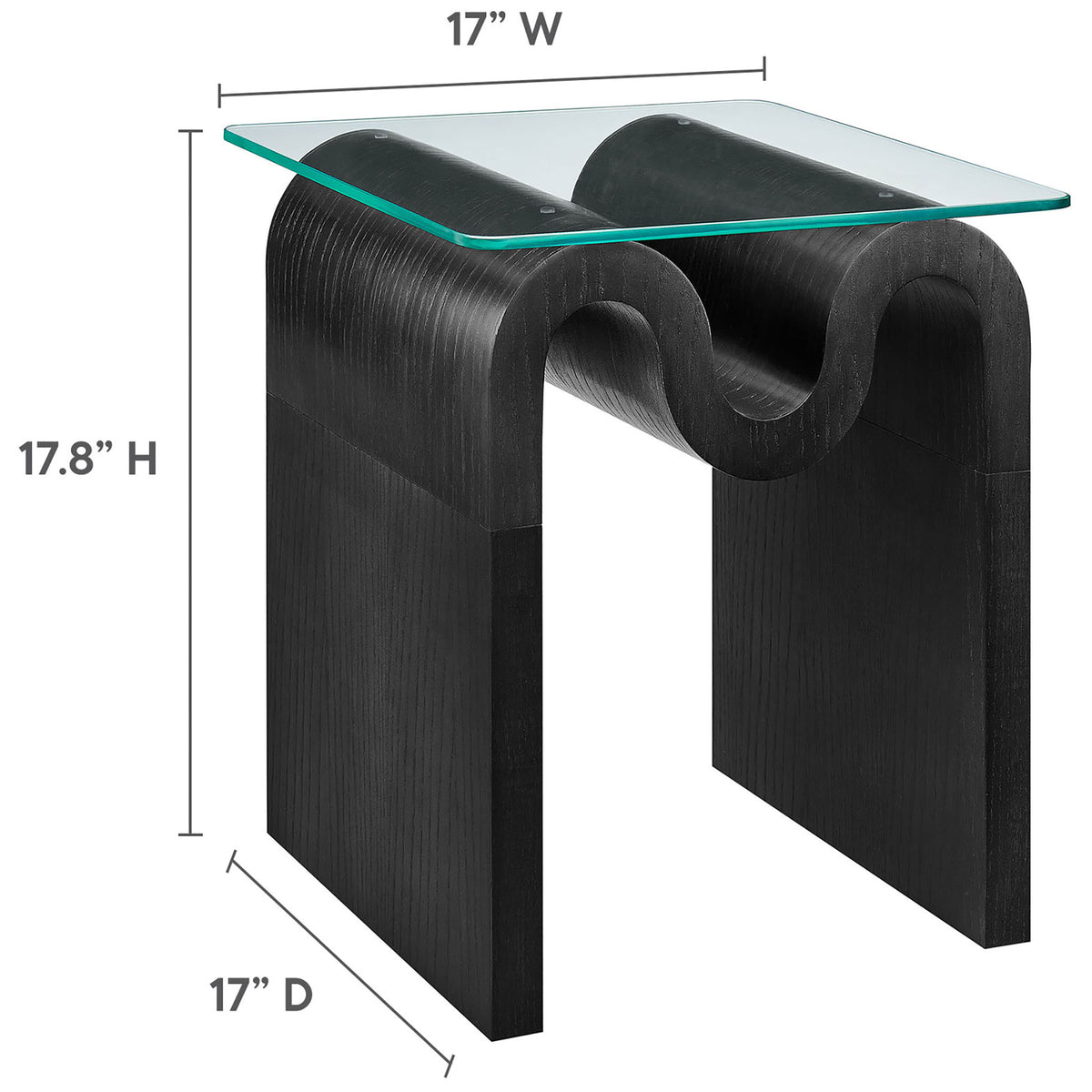 Dimension guide showing the Ondine glass side table at 17 inches wide, 17 inches deep, and 17.8 inches high || EEI-6902-BLK || dimension_studio