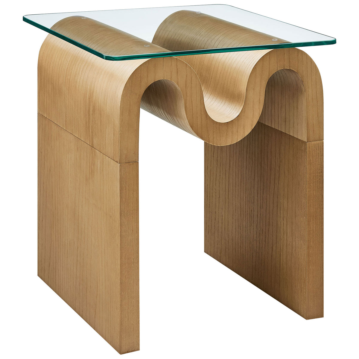 Ondine glass top side table in natural wood finish with bold wave silhouette and floating square glass surface || EEI-6902-NAT || front_angle_studio