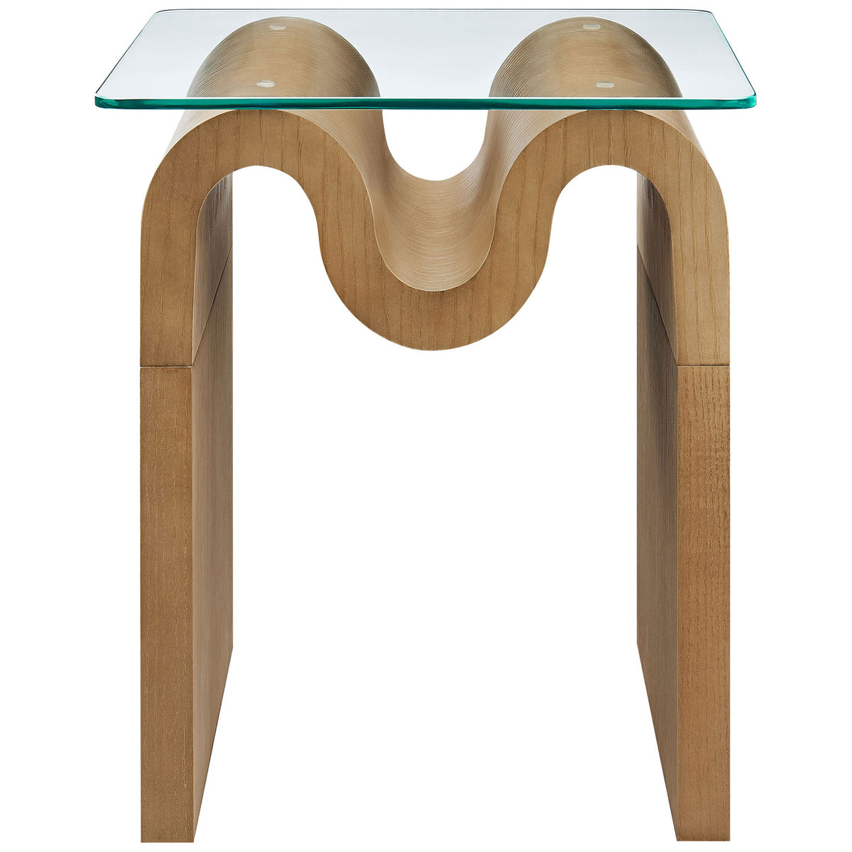 Natural wood side table with sculptural double wave base and clear square tempered glass top || EEI-6902-NAT || front_studio