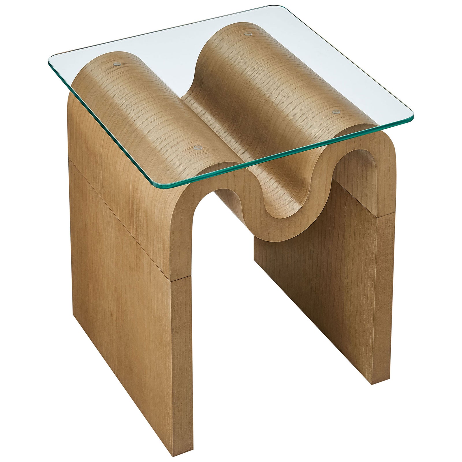 Square tempered glass tabletop reveals the sculpted wave base below with rounded corners and smooth wood grain || EEI-6902-NAT || top_angle_studio