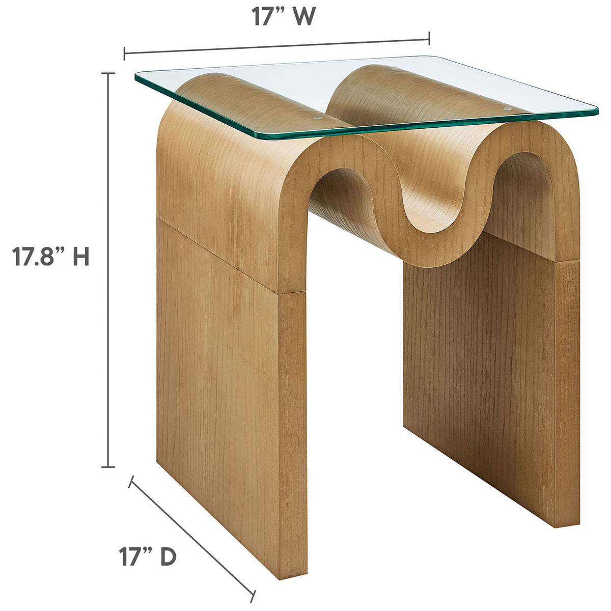 Compact glass and wood side table sized at 17 inches square and 17.8 inches high for versatile living room use || EEI-6902-NAT || dimension_studio