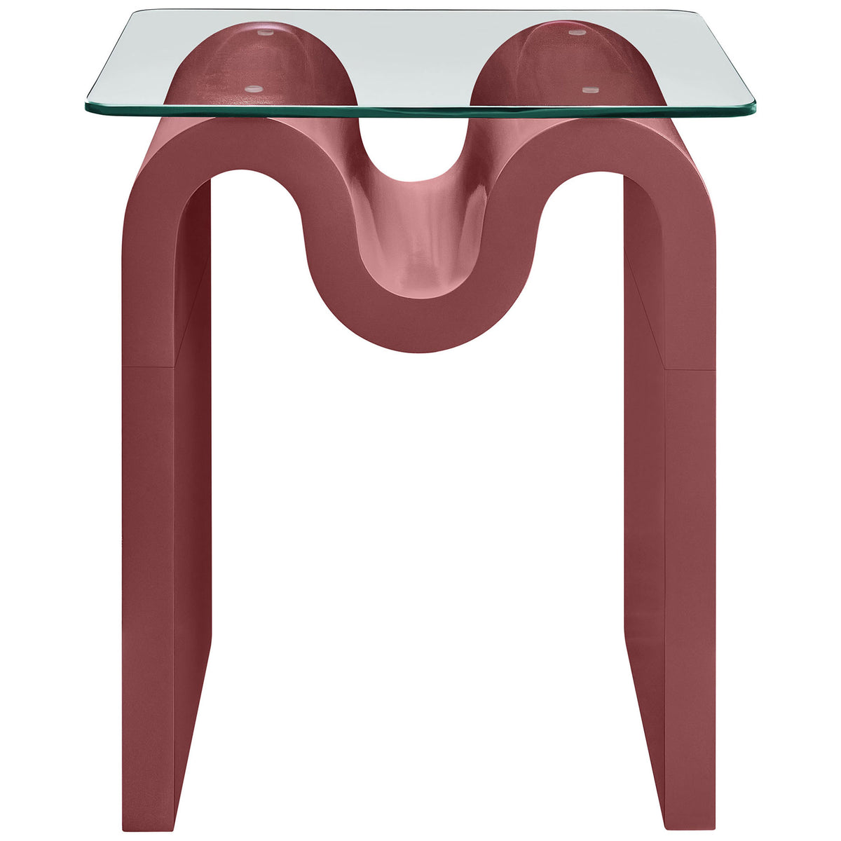 Ondine spiced apple side table featuring bold double-arch wave base beneath a clear glass top || EEI-6902-SPA || front_studio