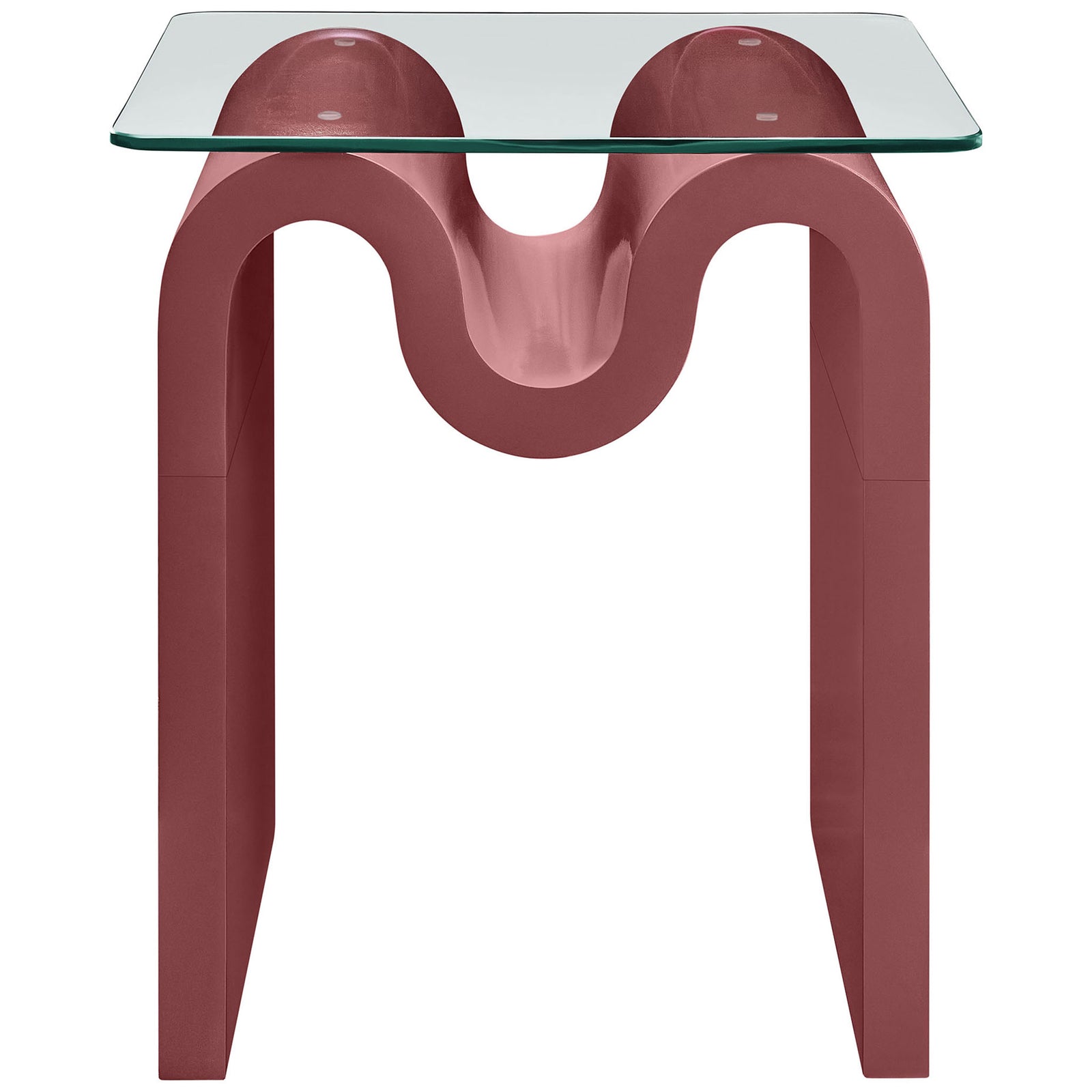 Ondine spiced apple side table featuring bold double-arch wave base beneath a clear glass top || EEI-6902-SPA || front_studio