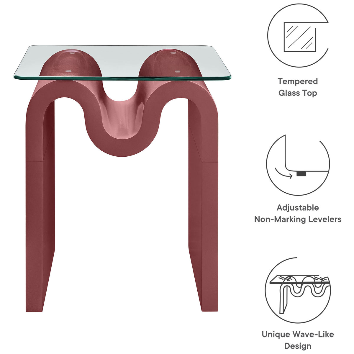 Ondine side table features tempered glass top, adjustable non-marking levelers, and a unique wave-like base || EEI-6902-SPA || callout_studio