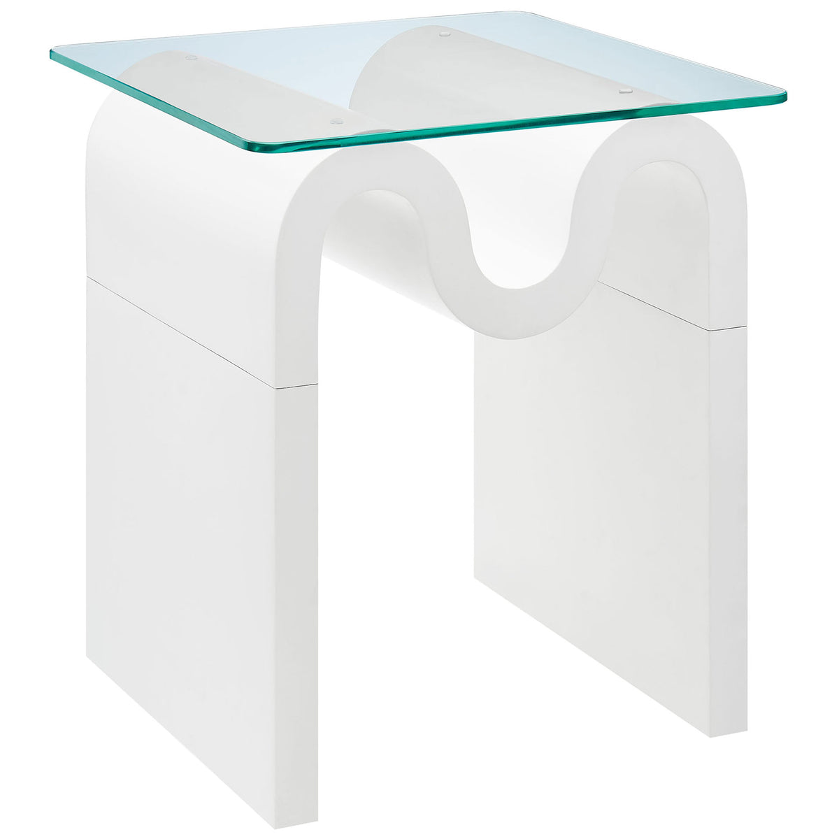 White wave base side table with square clear glass top for a bold modern accent || EEI-6902-WHI || front_angle_studio