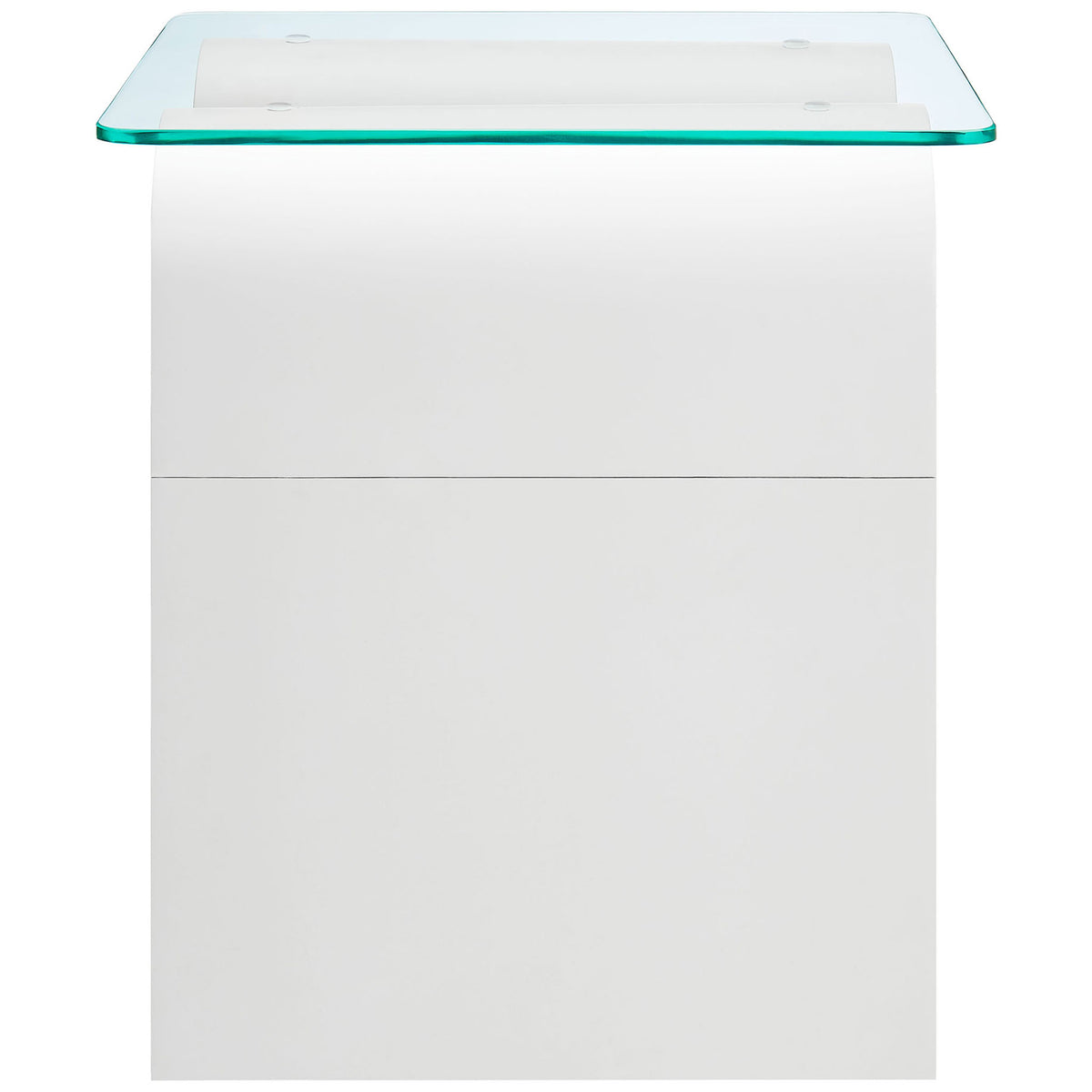 Smooth white panel side of the Ondine table with crisp glass top and clean minimalist profile || EEI-6902-WHI || side_studio