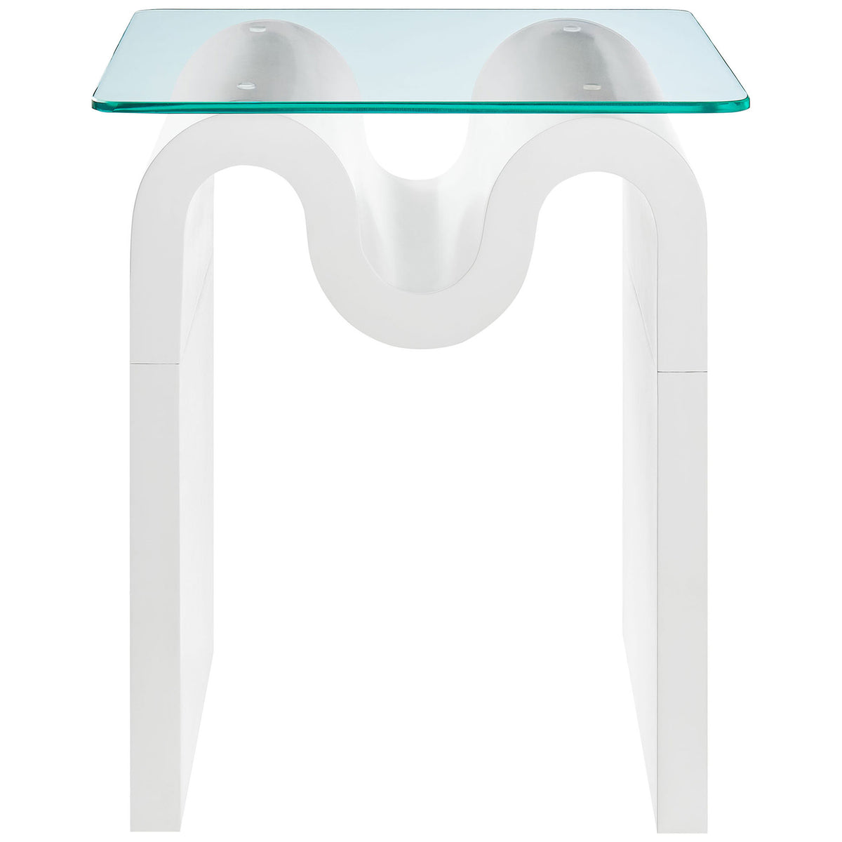Wave-like white base showcased beneath a clear glass top for sculptural modern style || EEI-6902-WHI || front_studio