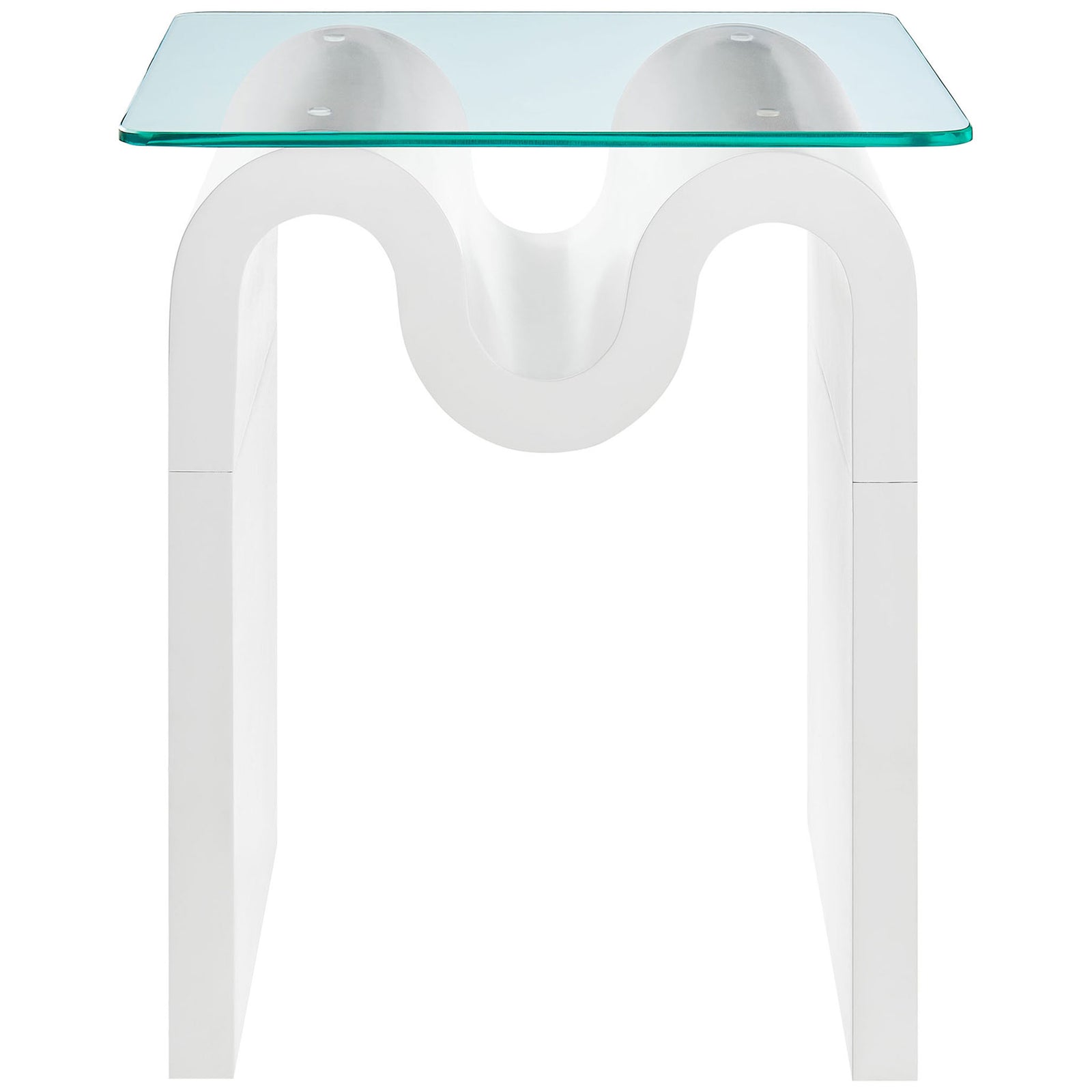 Wave-like white base showcased beneath a clear glass top for sculptural modern style || EEI-6902-WHI || front_studio