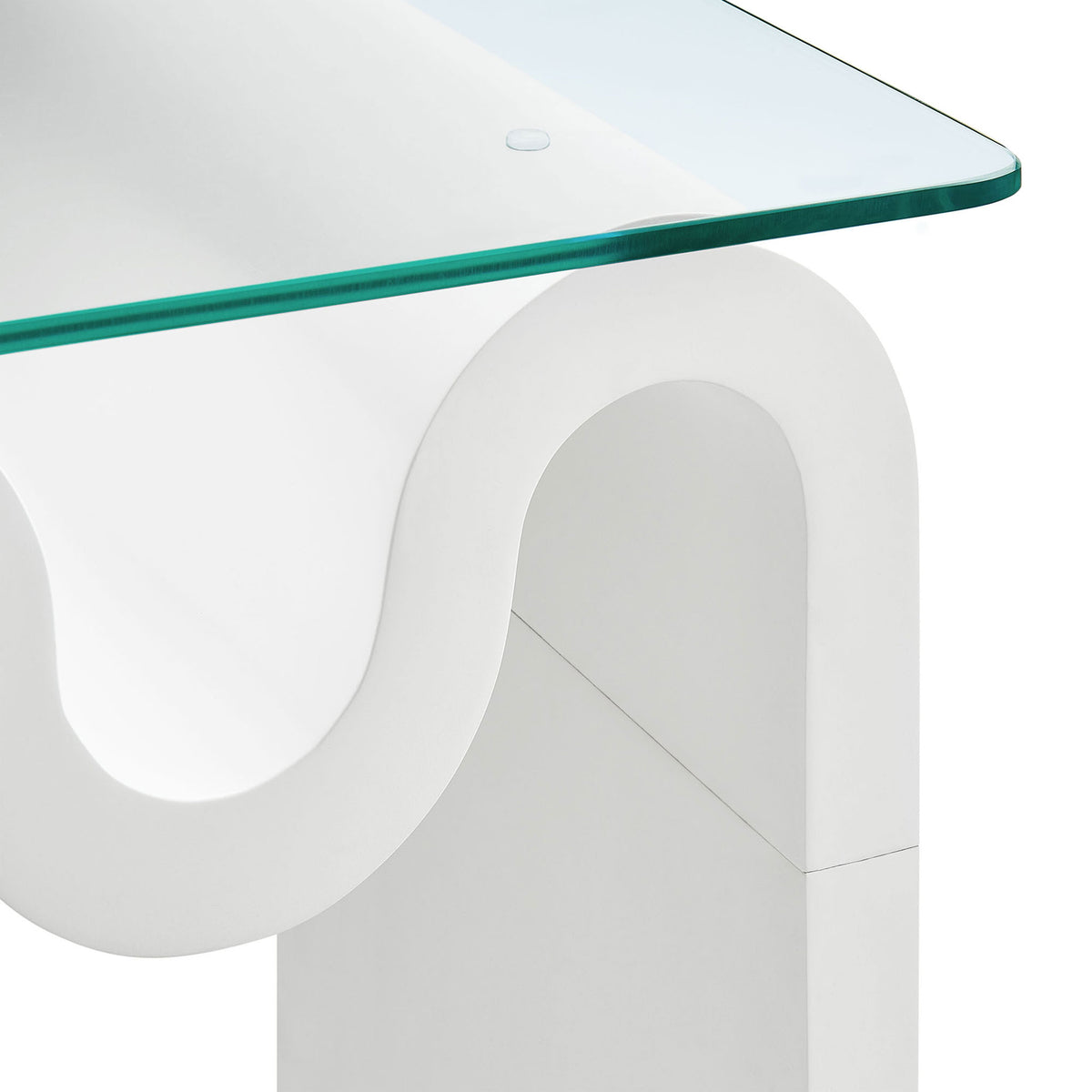 Close view of the tempered glass edge meeting the smooth white wave base for a refined finish || EEI-6902-WHI || detail_studio