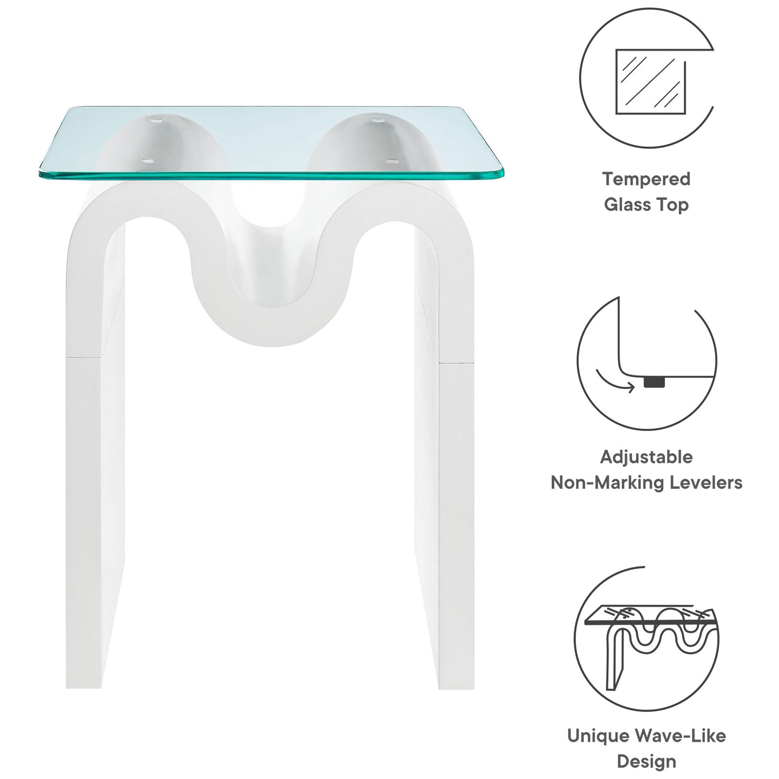 Feature graphic highlighting the Ondine table's tempered glass top, levelers, and wave-like design || EEI-6902-WHI || callout_studio