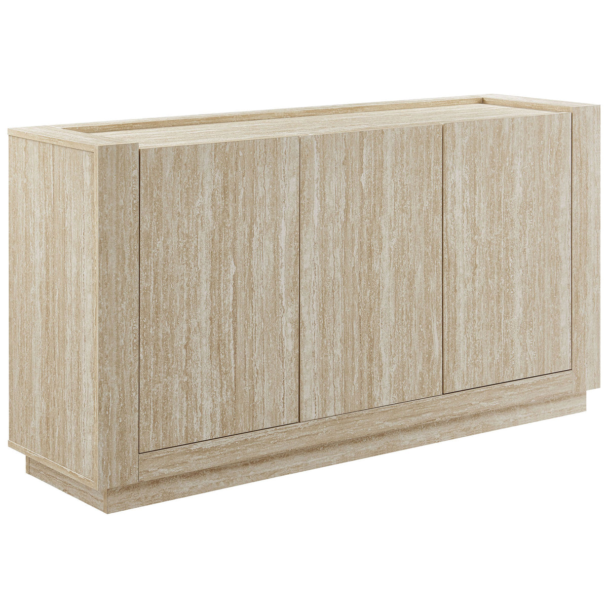 Travertine-look 3-door sideboard with clean lines and plinth base for sleek concealed storage || EEI-6906-TRA || front_angle_studio