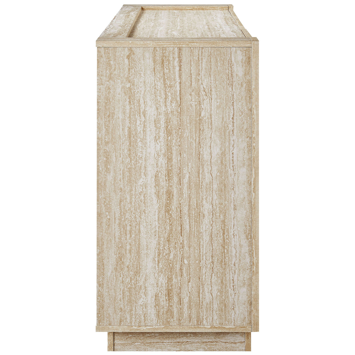 Slim travertine sideboard profile showcasing waterfall-style edges and modern plinth base || EEI-6906-TRA || side_studio